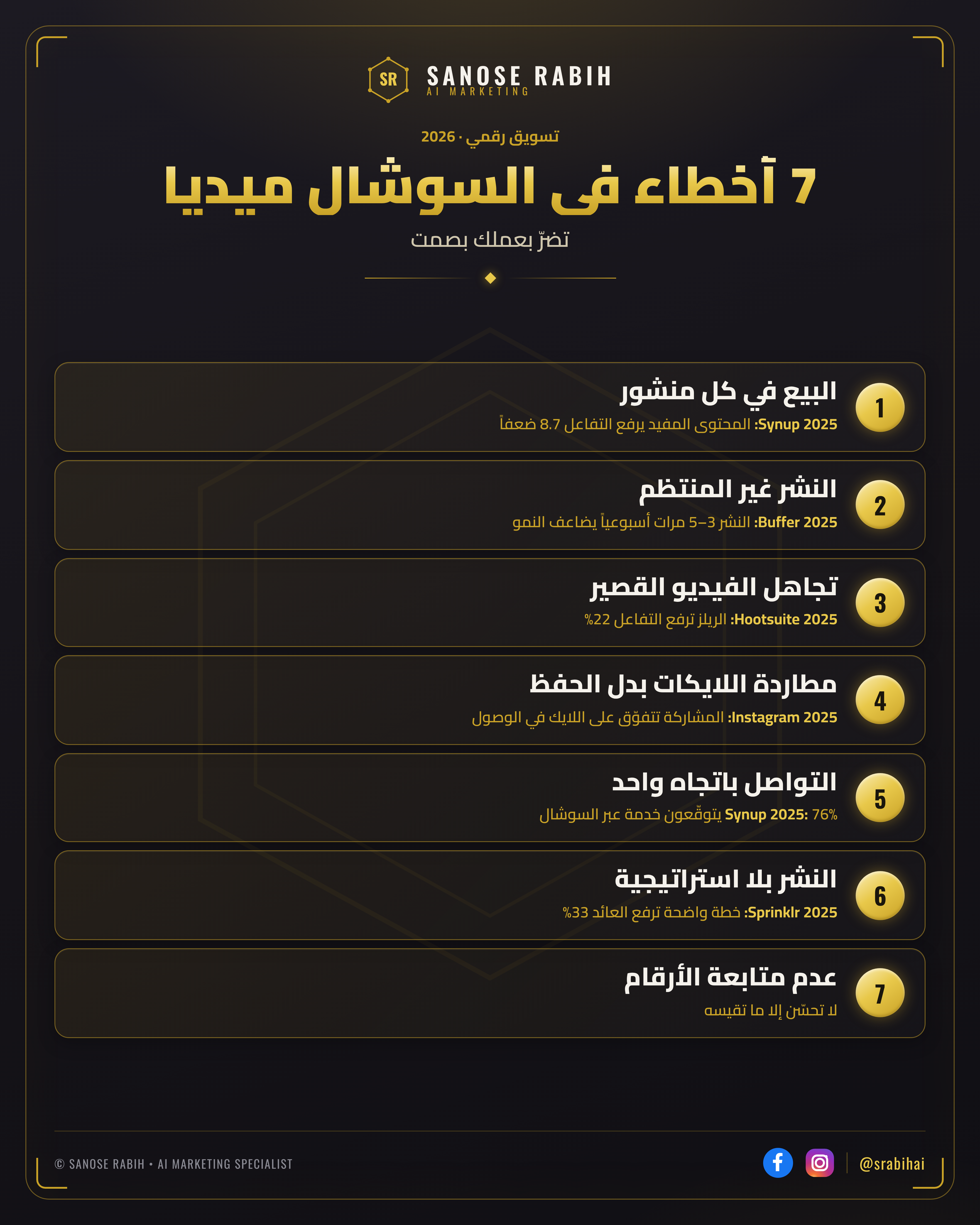 الأخطاء السبعة في وسائل التواصل الاجتماعي التي تضرّ بعملك في 2026 مع مصادرها — سنوسي رابح